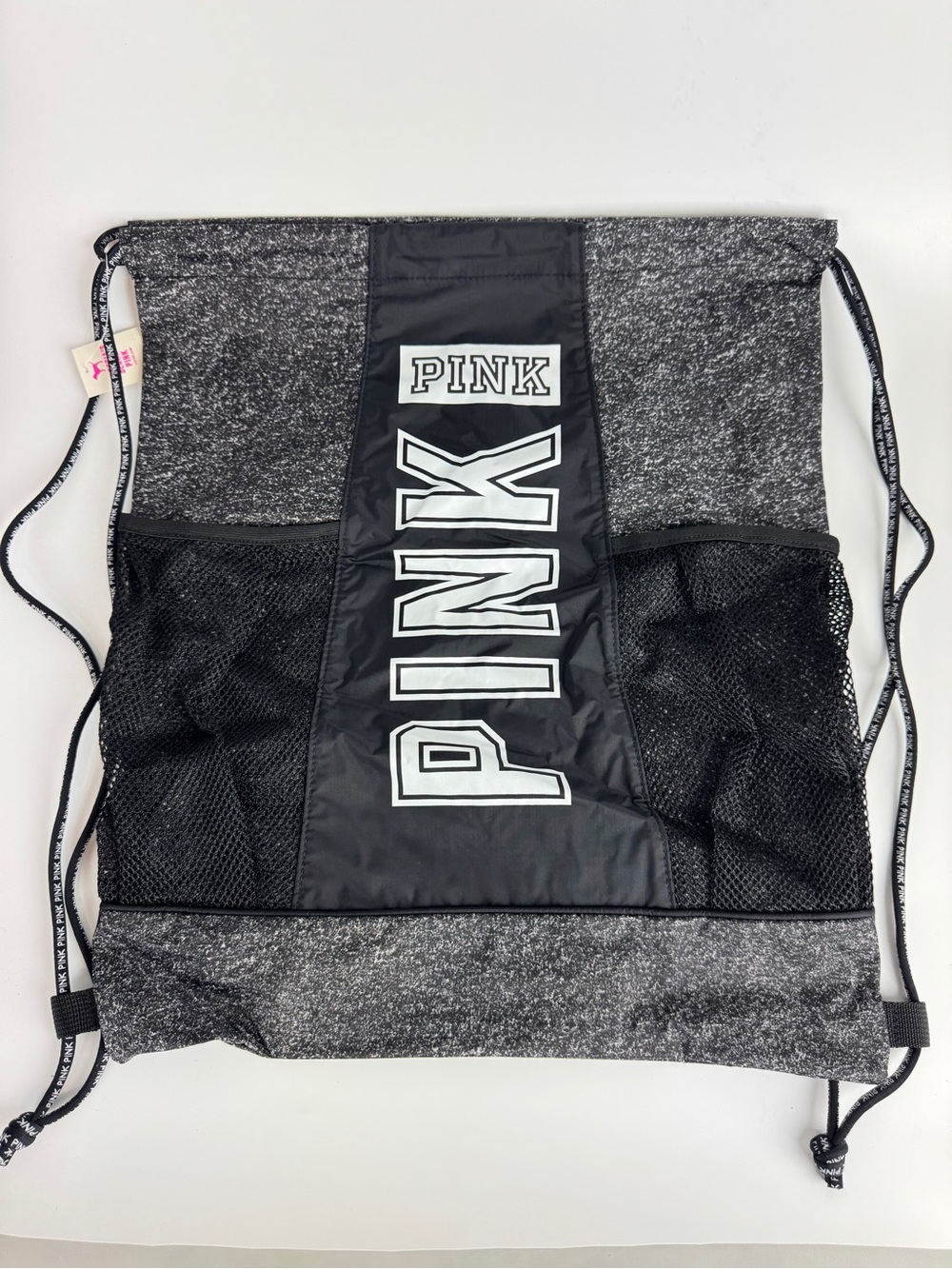 PINK Victoria's Secret Black and Gray Drawstring Backpack with Mesh Pockets